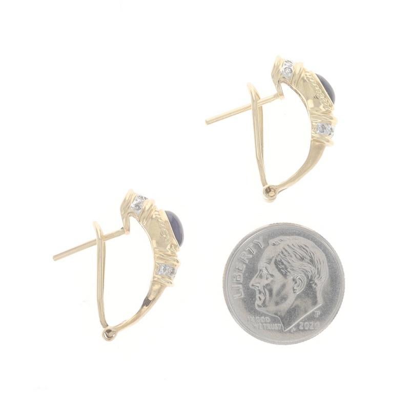 Oval Cut Yellow Gold Sapphire Diamond J-Hoop Earrings - 14k Oval Cabochon 1.24ctw Pierced For Sale