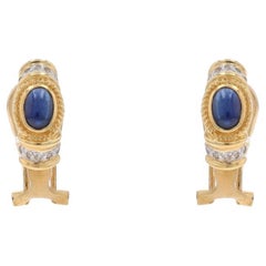 Pendientes Aros en J de Zafiro y Diamante en Oro Amarillo - 14k Cabujón Ovalado 1.24ctw Perforados