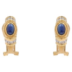 Boucles d'oreilles J-Hoop en or jaune, saphirs et diamants - Cabochon ovale 14 carats, 1,24 carat percé