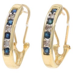 Yellow Gold Sapphire Diamond J-Hoop Earrings 14k Round 1.18ctw Stripe Pierced