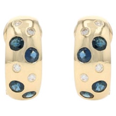 Yellow Gold Sapphire Diamond J-Hoop Earrings - 18k Round 2.60ctw Pierced