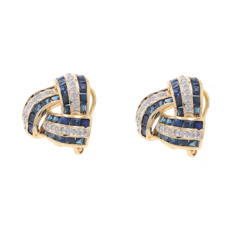 Square Cut Yellow Gold Sapphire Diamond Large Stud Earrings - 14k Sq 3.84ctw Knot Clip-Ons For Sale