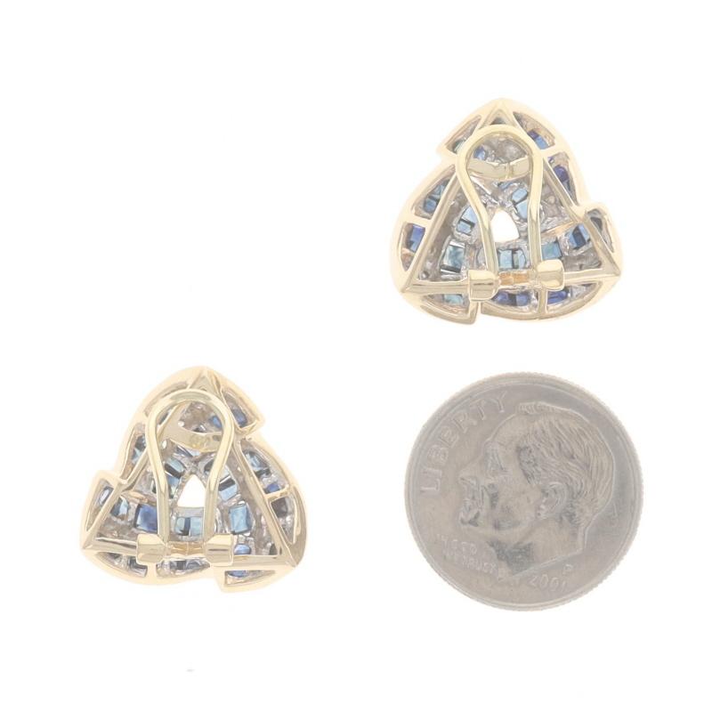 Yellow Gold Sapphire Diamond Large Stud Earrings - 14k Sq 3.84ctw Knot Clip-Ons In Excellent Condition For Sale In Greensboro, NC