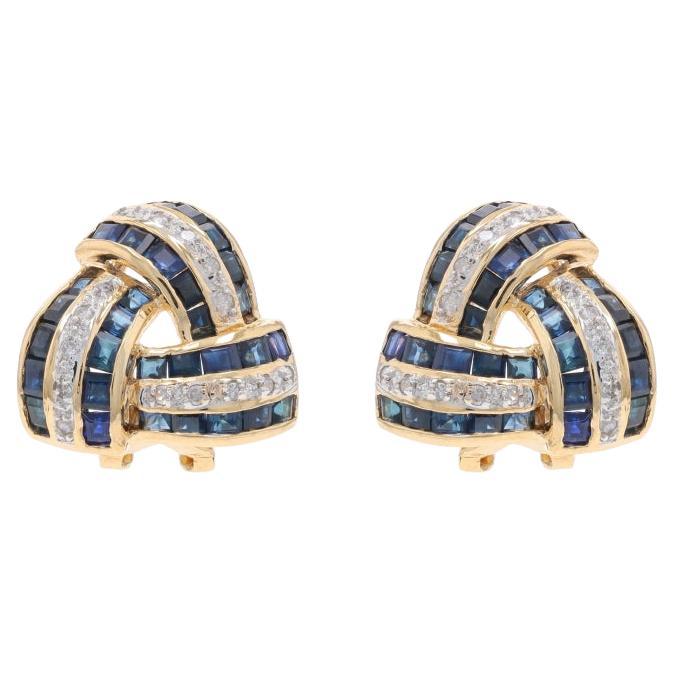 Yellow Gold Sapphire Diamond Large Stud Earrings - 14k Sq 3.84ctw Knot Clip-Ons