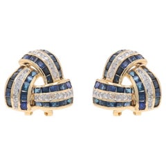 Yellow Gold Sapphire Diamond Large Stud Earrings - 14k Sq 3.84ctw Knot Clip-Ons