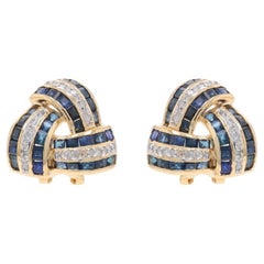 Yellow Gold Sapphire Diamond Large Stud Earrings - 14k Sq 3.84ctw Knot Clip-Ons