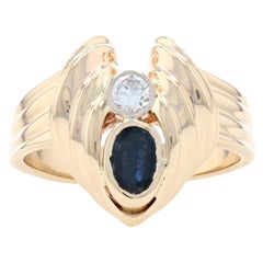 Yellow Gold Sapphire & Diamond Leaf Ring, 14k Oval Cut .64ctw Ribbed