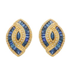 Yellow Gold Sapphire Diamond Lg Stud Earrings -18k Marq 3.70ctw Pierce & Clip-On