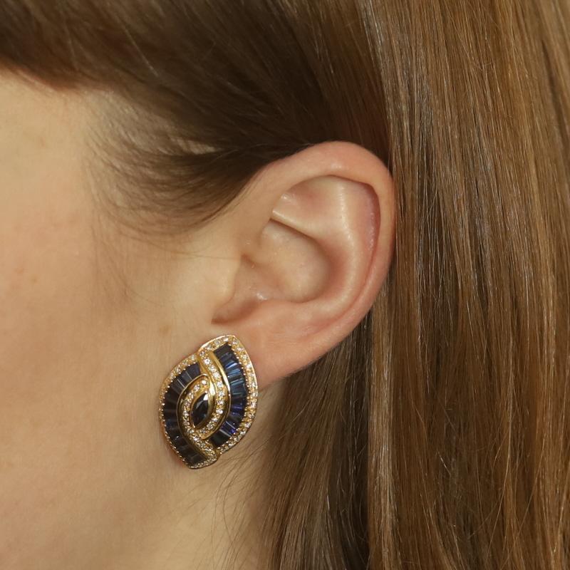 Baguette Cut Yellow Gold Sapphire Diamond Lg Stud Earrings -18k Marq 3.70ctw Pierce & Clip-On For Sale
