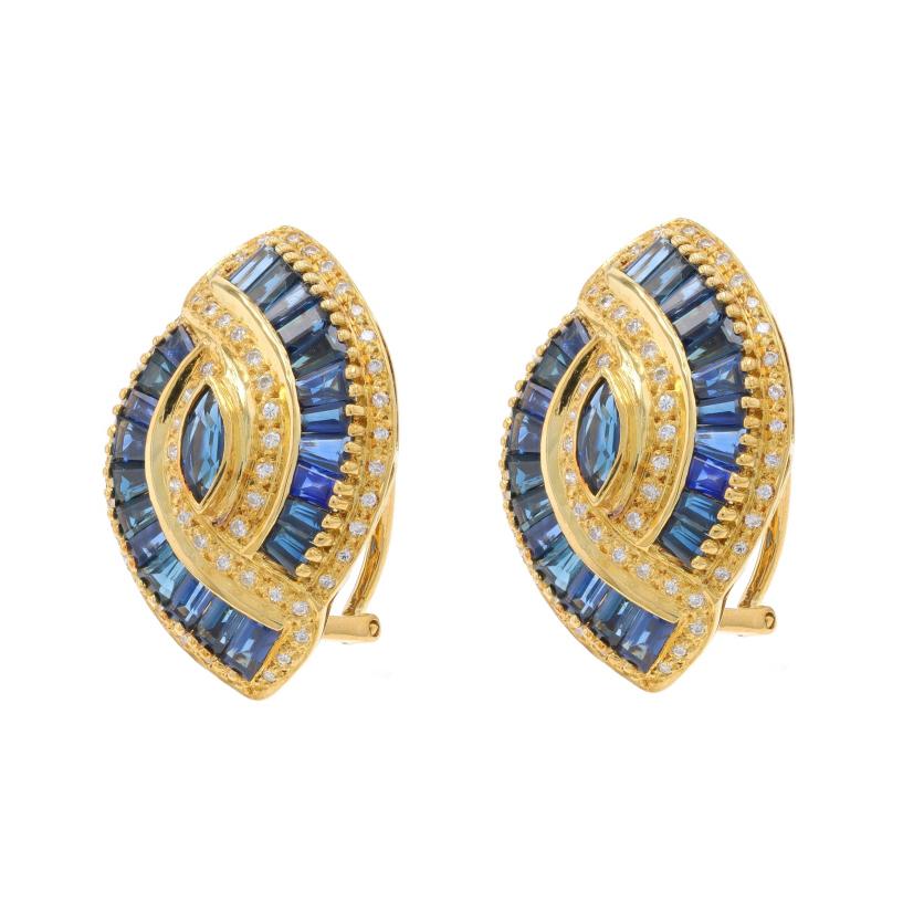 Yellow Gold Sapphire Diamond Lg Stud Earrings -18k Marq 3.70ctw Pierce & Clip-On In Excellent Condition For Sale In Greensboro, NC