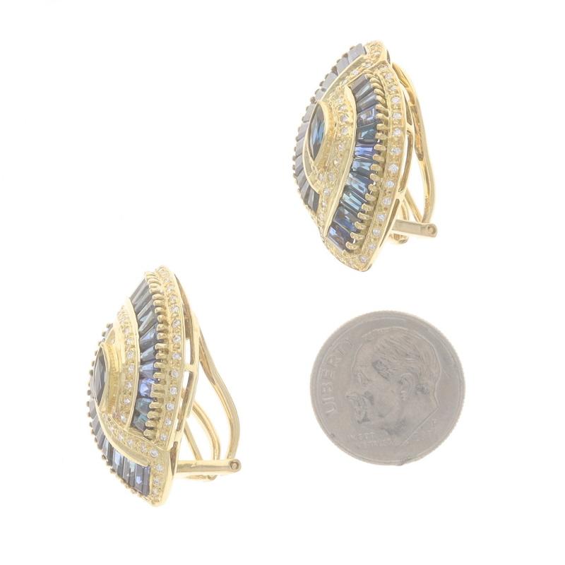 Women's Yellow Gold Sapphire Diamond Lg Stud Earrings -18k Marq 3.70ctw Pierce & Clip-On For Sale