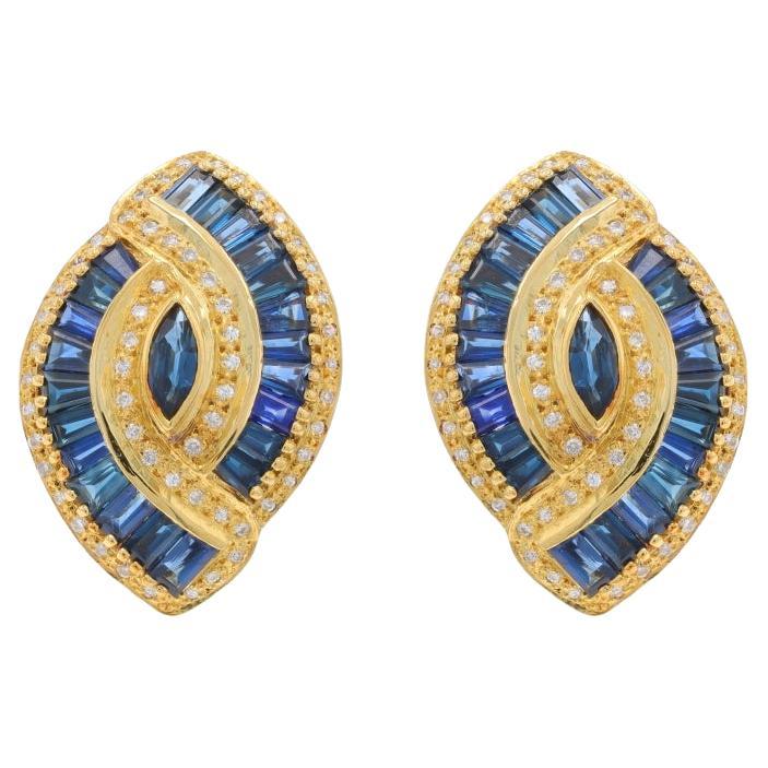 Yellow Gold Sapphire Diamond Lg Stud Earrings -18k Marq 3.70ctw Pierce & Clip-On