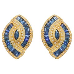 Yellow Gold Sapphire Diamond Lg Stud Earrings -18k Marq 3.70ctw Pierce & Clip-On