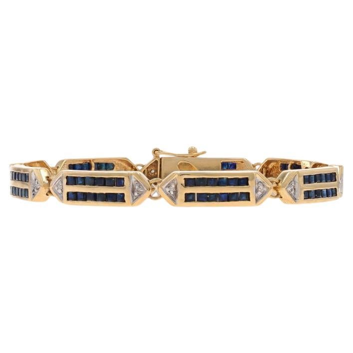 Bracciale A Link in oro giallo con zaffiro e diamanti 7 1/4" - 14k quadrato 5.52ctw a strisce