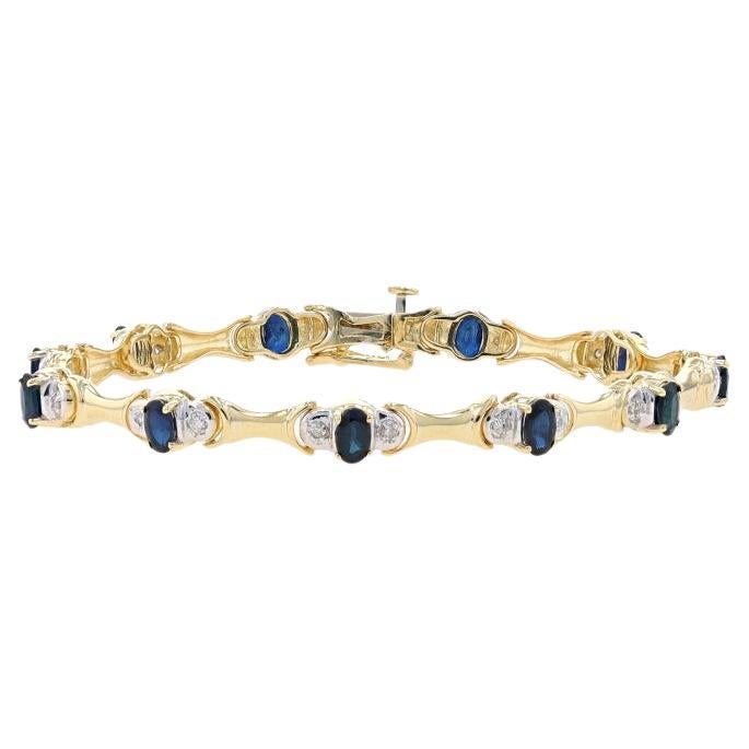 Yellow Gold Sapphire & Diamond Link Bracelet 7" - 14k Oval 4.51ctw For Sale