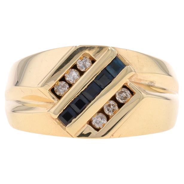 Yellow Gold Sapphire & Diamond Men's Diagonal Stripe Ring -14k Sq .58ctw Cluster For Sale