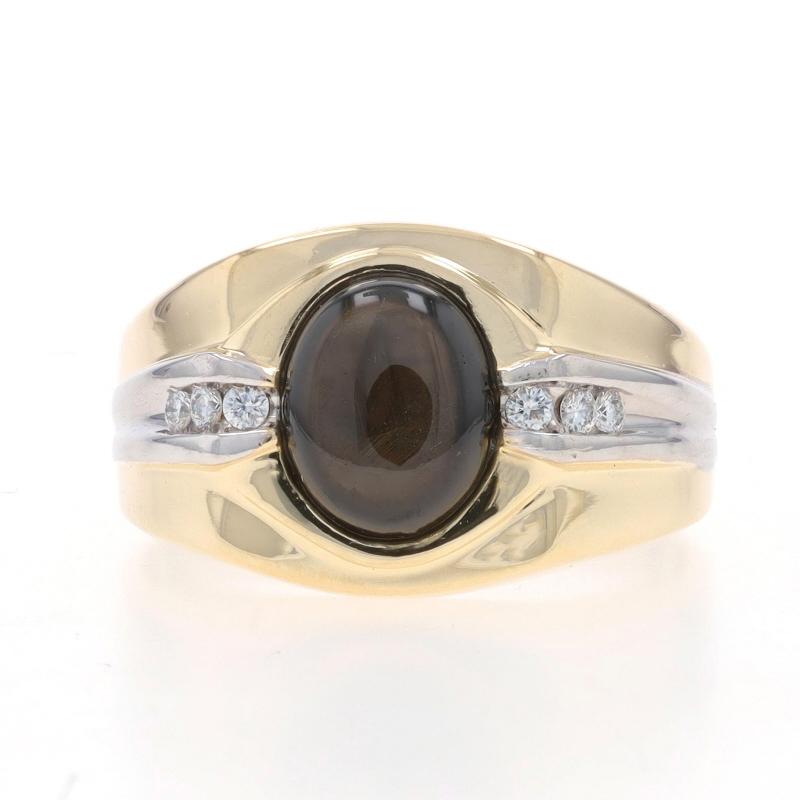 Size: 11
Sizing Fee: Up 1 size for $35 or Down 1 size for $35

Metal Content: 14k Yellow Gold & 14k White Gold

Stone Information

Natural Sapphire
Treatment: Heating
Carat(s): 3.10ct
Cut: Oval Cabochon
Color: Black

Natural Diamonds
Carat(s):