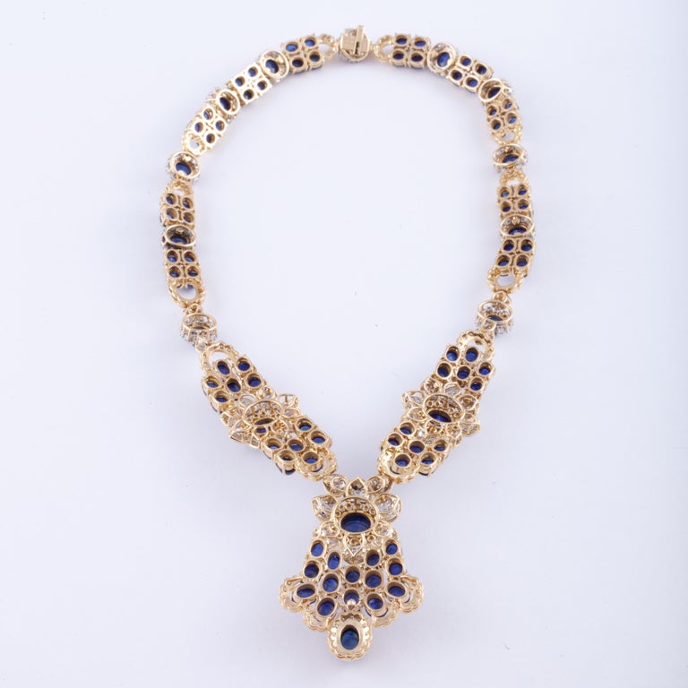 Yellow Gold Sapphire Diamond Necklace For Sale at 1stDibs