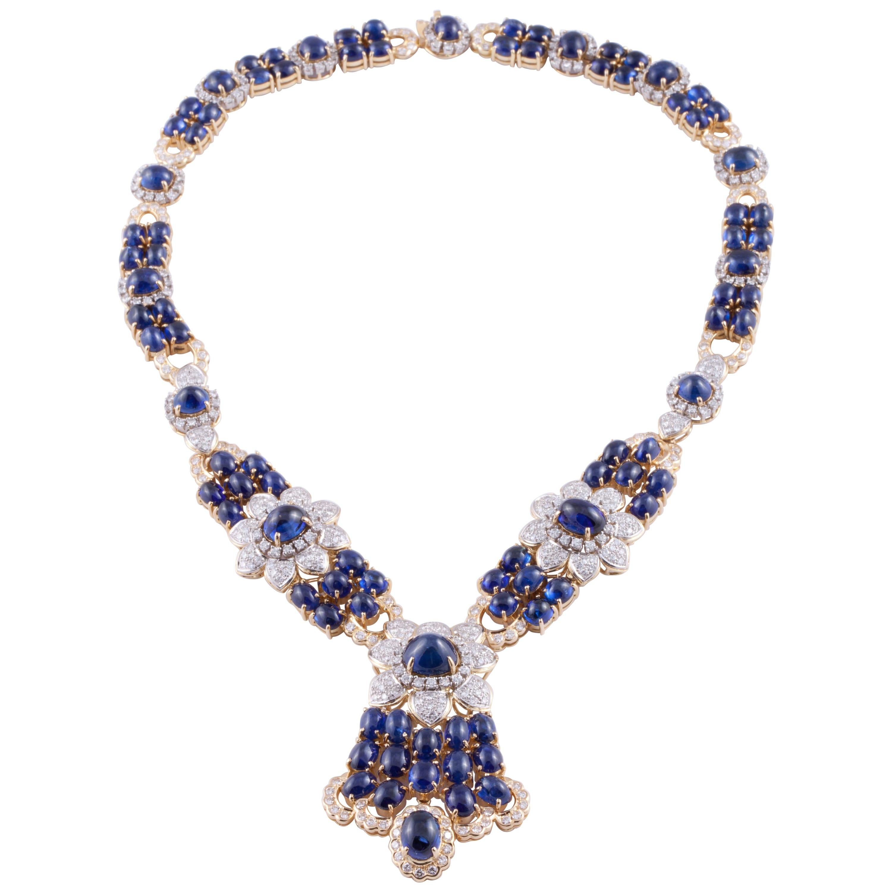 Cabochon Sapphire and Diamond Necklace in 18K Gold For Sale