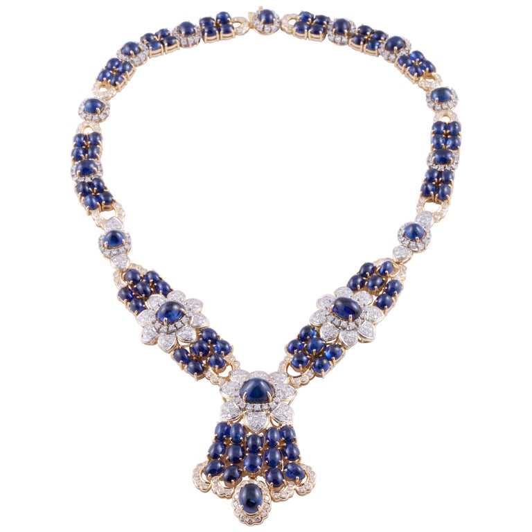 Yellow Gold Sapphire Diamond Necklace For Sale at 1stDibs