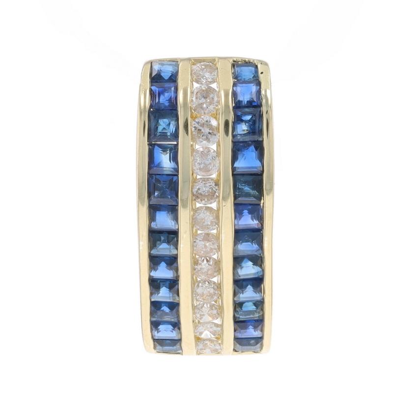Metal Content: 14k Yellow Gold

Stone Information

Natural Sapphires
Treatment: Heating
Carat(s): .96ctw
Cut: Square
Color: Blue

Natural Diamonds
Carat(s): .36ctw
Cut: Round Brilliant
Color: G - H
Clarity: I1 - I2

Total Carats: 1.32ctw

Style: