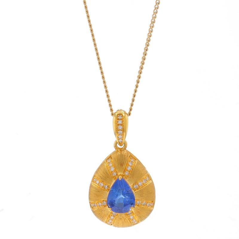 Metal Content: 18k Yellow Gold

Stone Information

Natural Sapphire
Treatment: Heating
Carat(s): .90ct (carat stamp)
Cut: Pear
Color: Blue

Natural Diamonds
Carat(s): .11ctw (carat stamp)
Cut: Round Brilliant
Color: F - G
Clarity: VS1 - VS2

Total
