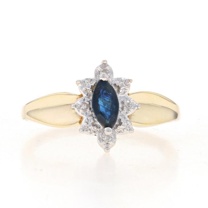 Size: 6
Sizing Fee: Up 2 sizes for $35 or Down 2 sizes for $30

Metal Content: 10k Yellow Gold & 10k White Gold

Stone Information
Natural Sapphire
Treatment: Heating
Carat(s): .38ct
Cut: Marquise
Color: Blue

Natural Diamonds
Carat(s): .02ctw
Cut: