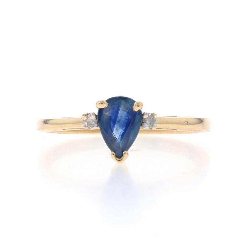 Size: 8
Sizing Fee: Up 2 sizes for $25 or Down 2 sizes for $25

Metal Content: 10k Yellow Gold & 10k White Gold

Stone Information

Natural Sapphire
Treatment: Heating
Carat(s): .74ct
Cut: Pear
Color: Blue

Natural Diamonds
Carat(s): .02ctw
Cut: