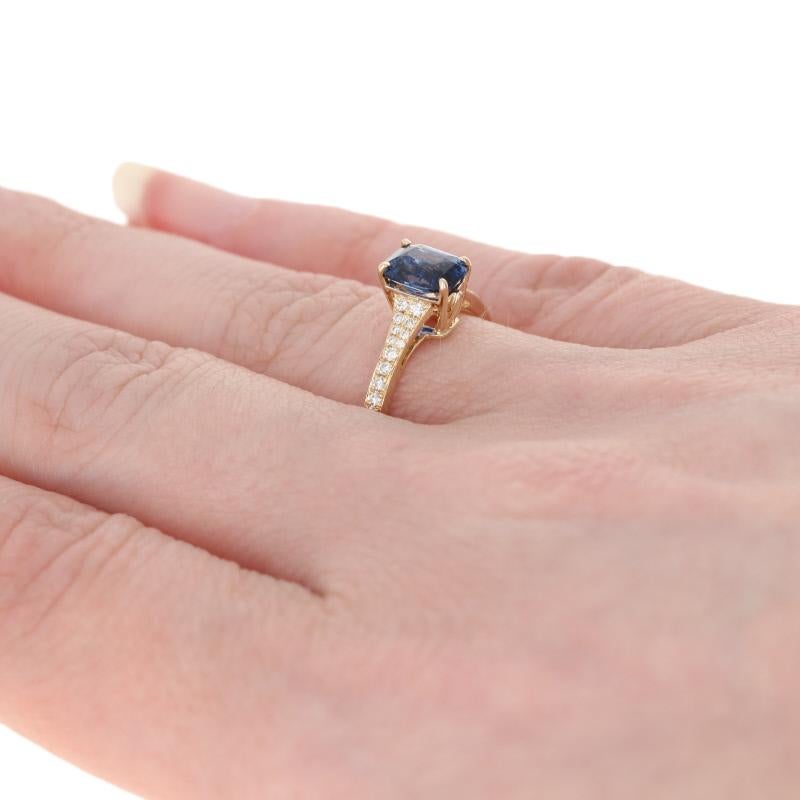 Women's Yellow Gold Sapphire and Diamond Ring, 14 Karat Emerald Cut 1.22 Carat For Sale