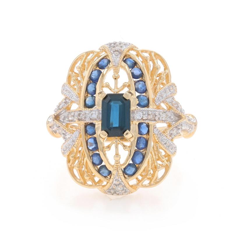 Size: 6
Sizing Fee: Up 3 sizes for $35 or Down 1 size for $25

Metal Content: 14k Yellow Gold & 14k White Gold

Stone Information

Natural Sapphires
Treatment: Heating
Carat(s): .94ctw
Cut: Emerald & Round
Color: Blue

Natural Diamonds
Carat(s):