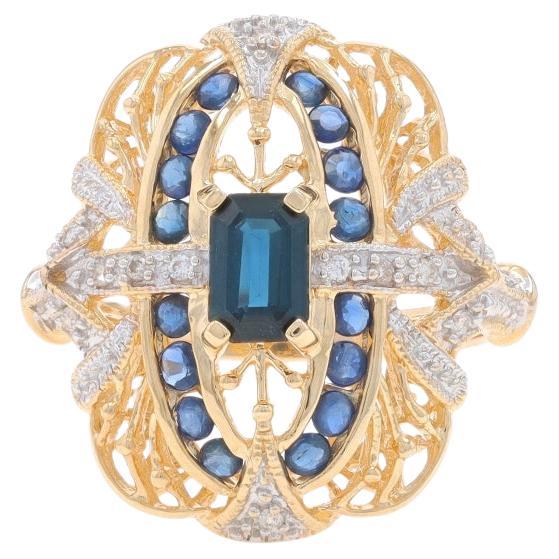 Yellow Gold Sapphire Diamond Ring - 14k Emerald & Round 1.00ctw Milgrain For Sale