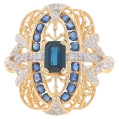 Yellow Gold Sapphire Diamond Ring - 14k Emerald & Round 1.00ctw Milgrain