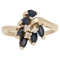 Yellow Gold Sapphire & Diamond Ring, 14k Marquise Cut 1.32ctw Cluster Bypass