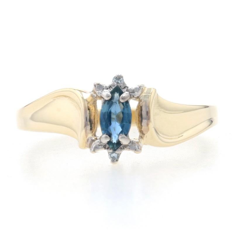Size: 6 1/2
Sizing Fee: Down 2 for $30 or up 2 for $35

Metal Content: 14k Yellow Gold & 14k White Gold

Stone Information
Genuine Sapphire
Treatment: Heating 
Carat(s): .35ct
Cut: Marquise
Color: Blue

Natural Diamonds
(two small accents)
Cut: