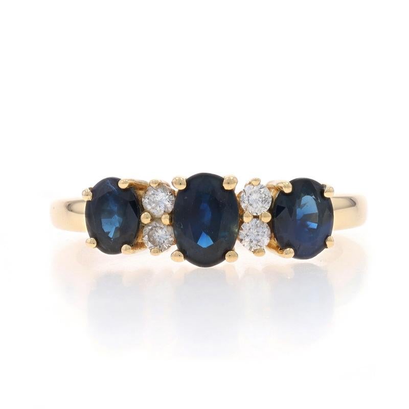 Size: 7
Sizing Fee: Up 2 1/2 sizes for $35 or Down 1 size for $35

Metal Content: 14k Yellow Gold

Stone Information

Natural Sapphires
Treatment: Heating
Carat(s): 1.28ctw
Cut: Oval
Color: Blue

Natural Diamonds
Carat(s): .12ctw
Cut: Round