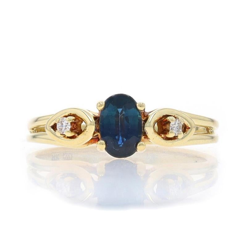 Size: 7 1/2
Sizing Fee: Up 3 sizes for $35 or Down 2 sizes for $35

Metal Content: 14k Yellow Gold

Stone Information

Natural Sapphire
Treatment: Heating
Carat(s): .52ct
Cut: Oval
Color: Blue

Natural Diamonds
Carat(s): .04ctw
Cut: SIngle
Color: G
