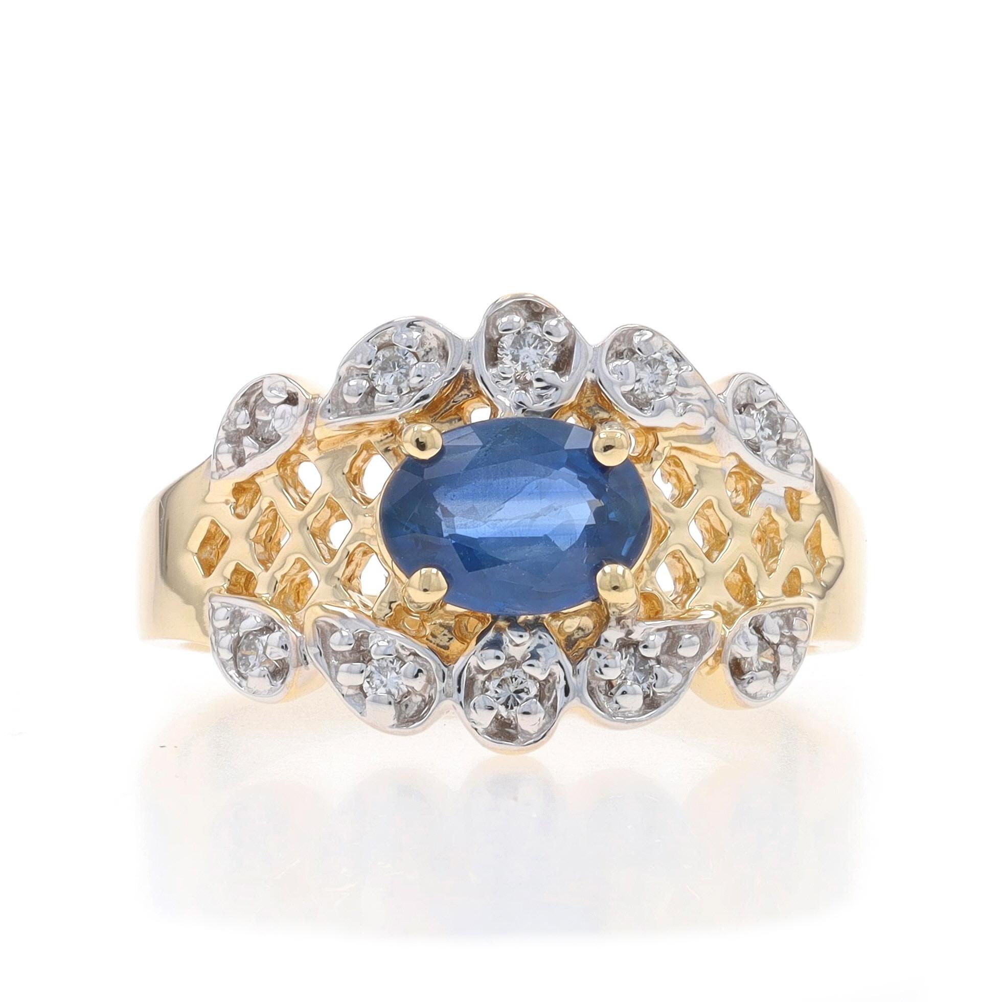 Size: 6
Sizing Fee: Up 2 sizes for $35 or Down 1 size for $25

Metal Content: 14k Yellow Gold & 14k White Gold

Stone Information

Natural Sapphire
Treatment: Heating
Carat(s): .73ct
Cut: Oval
Color: Blue

Natural Diamonds
Carat(s): .07ctw
Cut:
