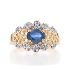 Yellow Gold Sapphire & Diamond Ring - 14k Oval .80ctw Scallop Latticework