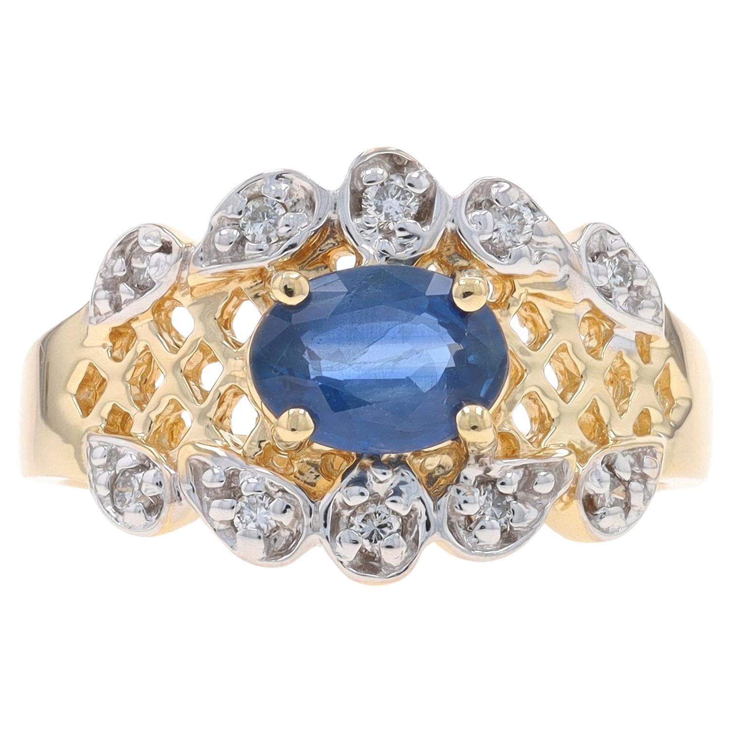 Yellow Gold Sapphire & Diamond Ring - 14k Oval .80ctw Scallop Latticework