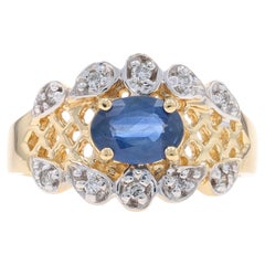 Yellow Gold Sapphire & Diamond Ring - 14k Oval .80ctw Scallop Latticework