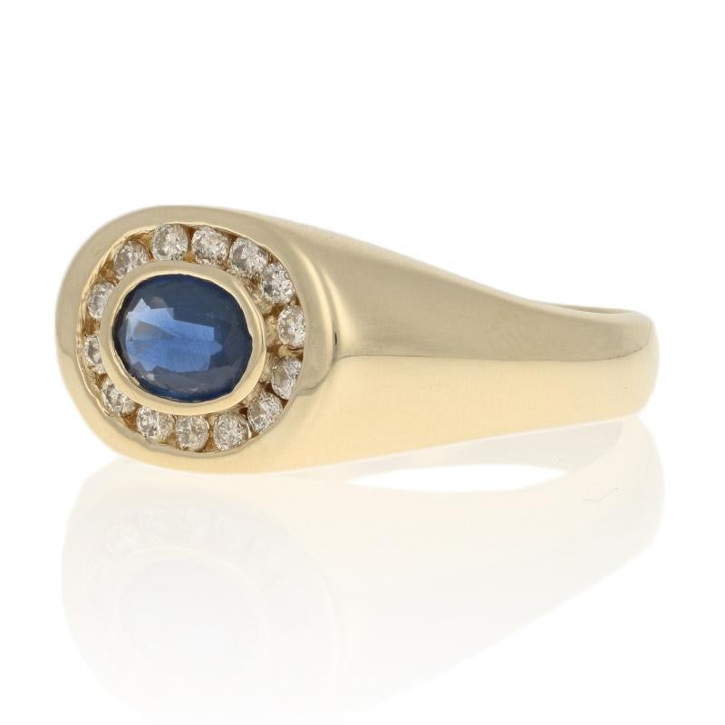 Size: 10 3/4
Sizing Fee: Down 1 size for $30 or Up 2 sizes for $35

Metal Content: Guaranteed 14k Gold as stamped

Stone Information: 
Genuine Sapphire
Treatment: Heating
Color: Blue
Cut: Oval
Carat(s): 1.10ct

Natural Diamonds  
Clarity: SI1 -