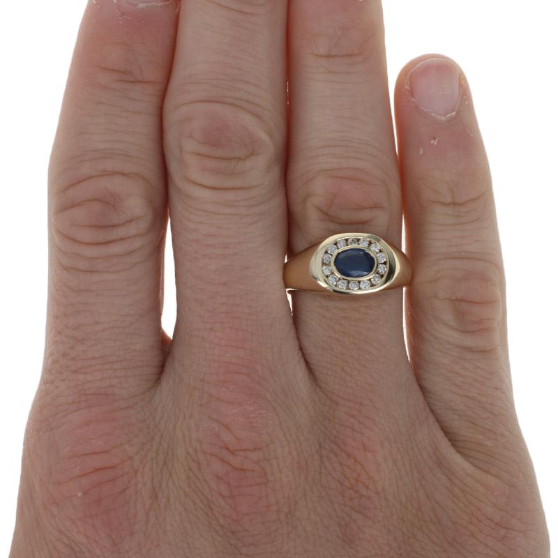 Yellow Gold Sapphire and Diamond Ring, 14 Karat Oval Cut 1.45 Carat Men's Halo In Excellent Condition In Greensboro, NC