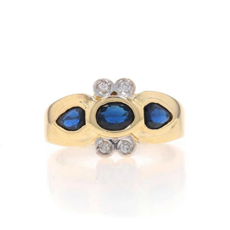 Size: 2 3/4

Metal Content: 14k Yellow Gold & 14k White Gold

Stone Information

Natural Sapphires
Treatment: Heating
Carat(s): .41ctw
Cut: Oval & Pear
Color: Blue

Natural Diamonds
Carat(s): .04ctw
Cut: Round Brilliant
Color: G - H
Clarity: SI2 -