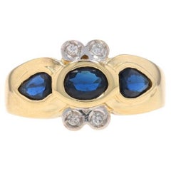 Anillo Oro Amarillo Zafiro Diamante - 14k Oval y Pera .45ctw Tres Piedras Sz 2 3/4