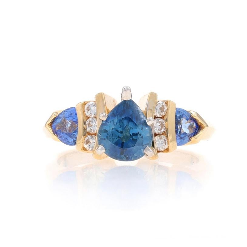 Size: 6 1/4
Sizing Fee: Up 1/2 a size for $40 or Down 1/2 a size for $40

Metal Content: 14k Yellow Gold & 14k White Gold

Stone Information

Natural Sapphire
Treatment: Heating
Carat(s): 1.74ct
Cut: Pear
Color: Blue

Natural Sapphires
Treatment: