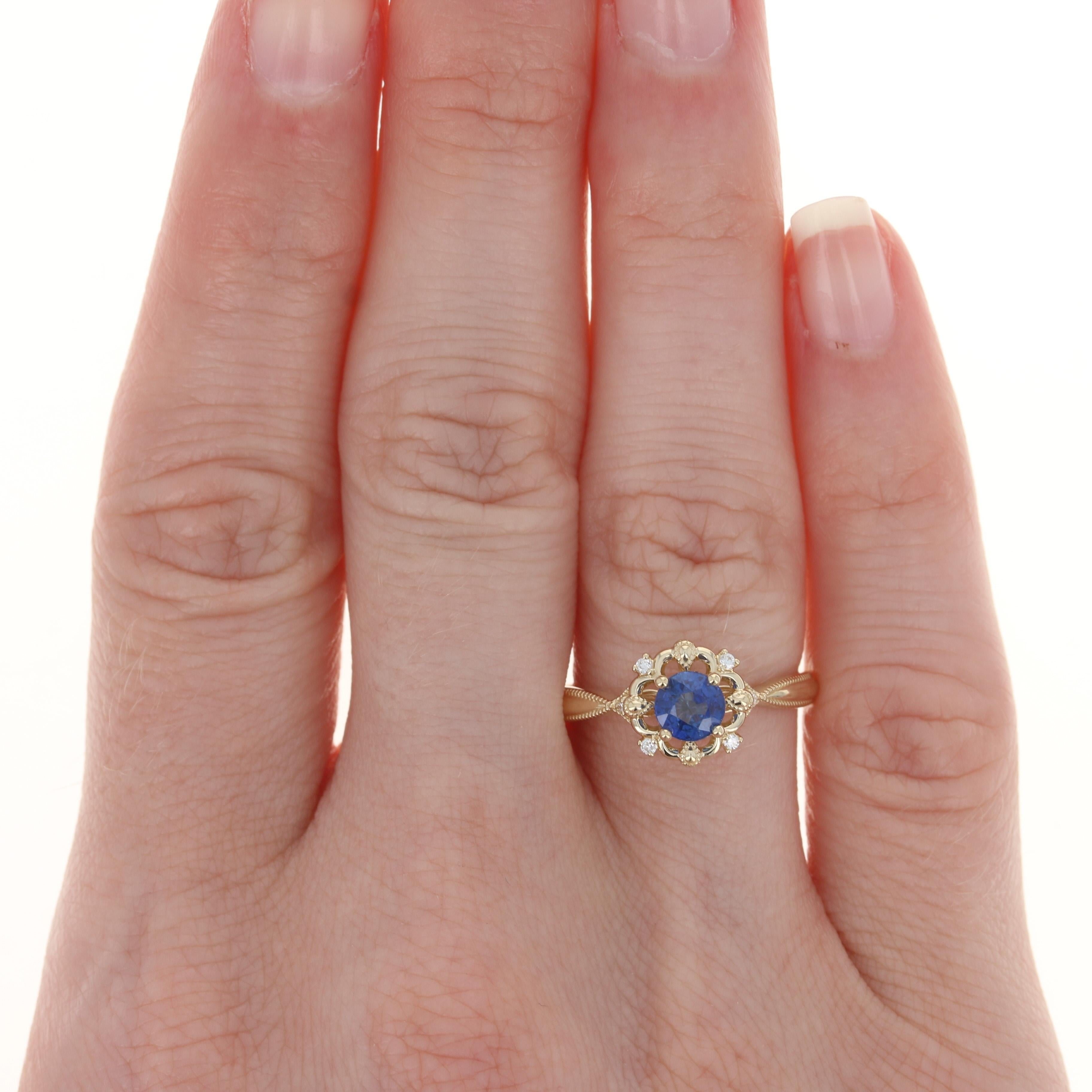 For Sale:  Yellow Gold Sapphire & Diamond Ring, 14k Round .79ctw Floral Milgrain Engagement 2