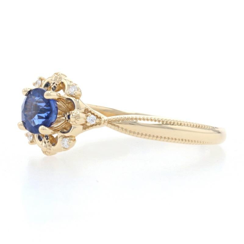 For Sale:  Yellow Gold Sapphire & Diamond Ring, 14k Round .79ctw Floral Milgrain Engagement 3