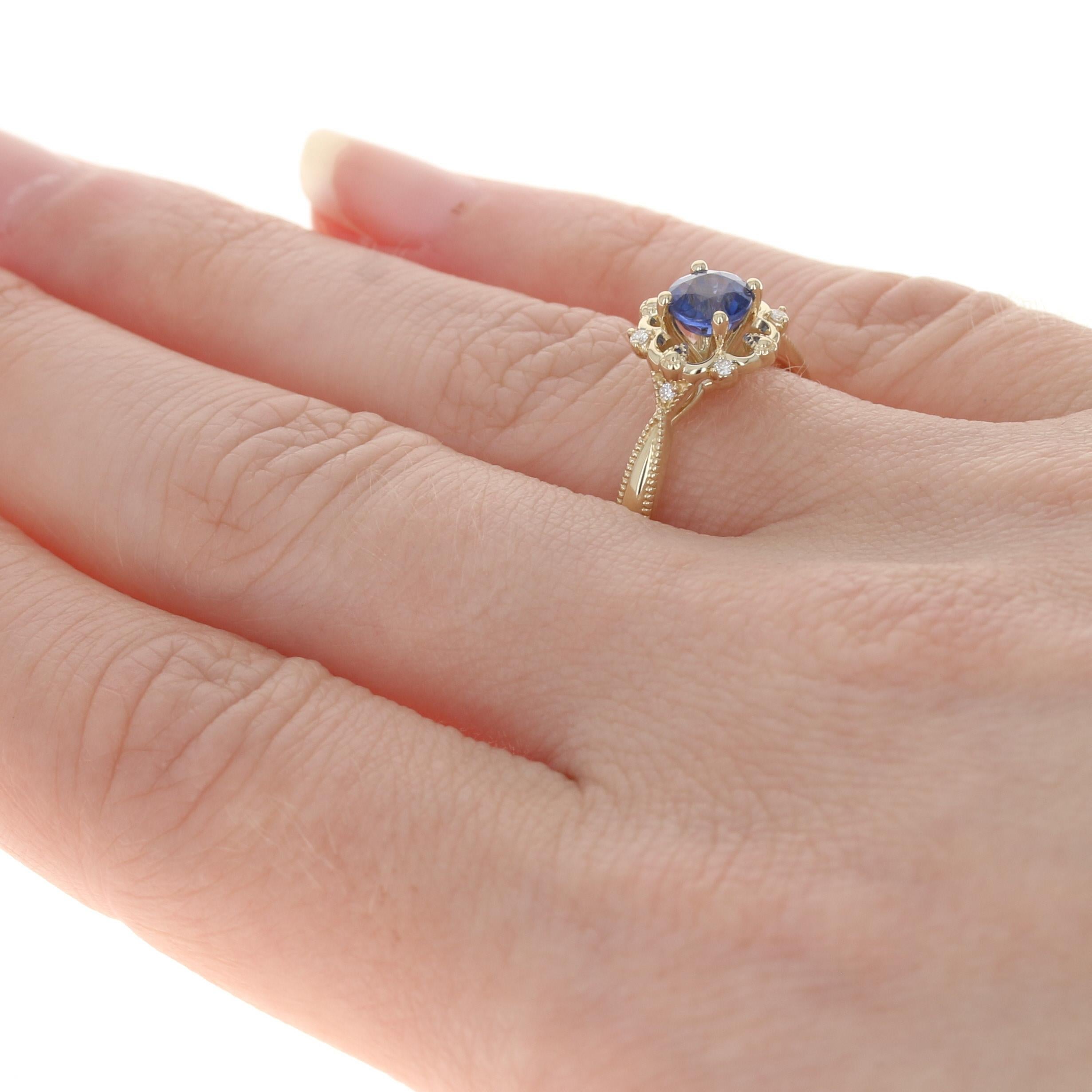 For Sale:  Yellow Gold Sapphire & Diamond Ring, 14k Round .79ctw Floral Milgrain Engagement 4