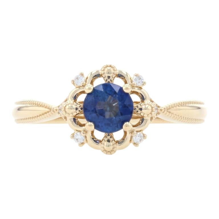 Yellow Gold Sapphire & Diamond Ring, 14k Round .79ctw Floral Milgrain Engagement