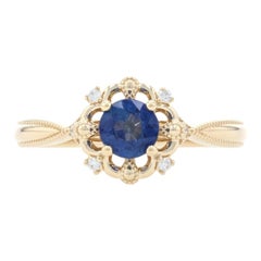 Yellow Gold Sapphire & Diamond Ring, 14k Round .79ctw Floral Milgrain Engagement